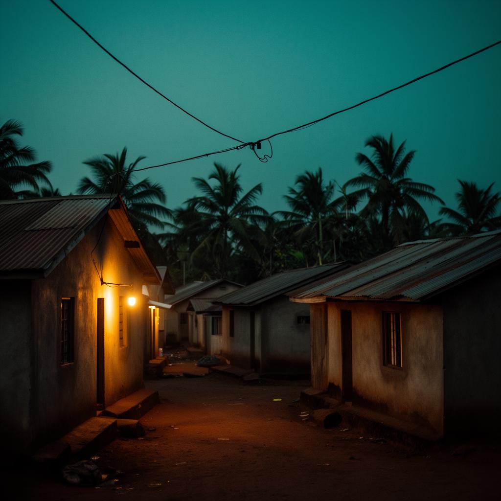 Nigerian community at dusk lit by electric light