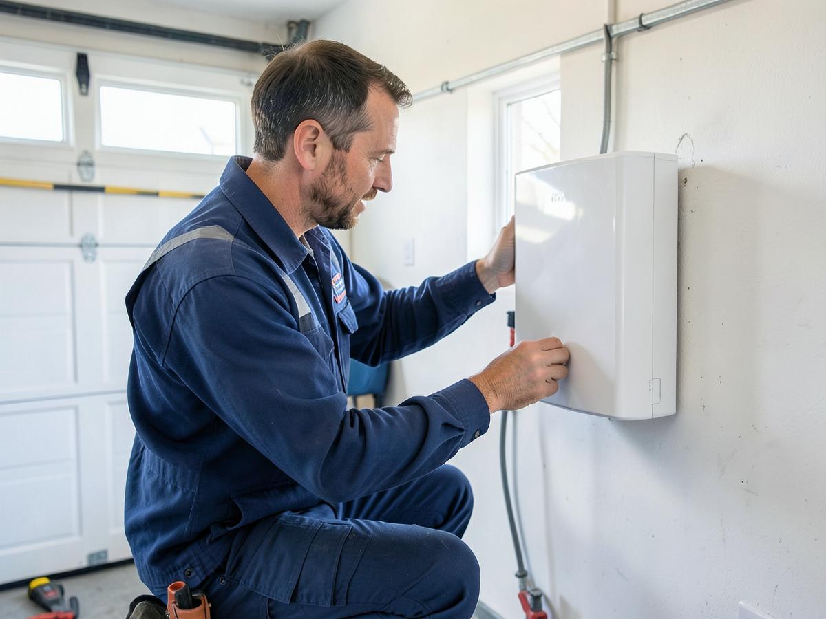 Installer fitting a wall-mounted home battery beside a consumer unit in a Salford house